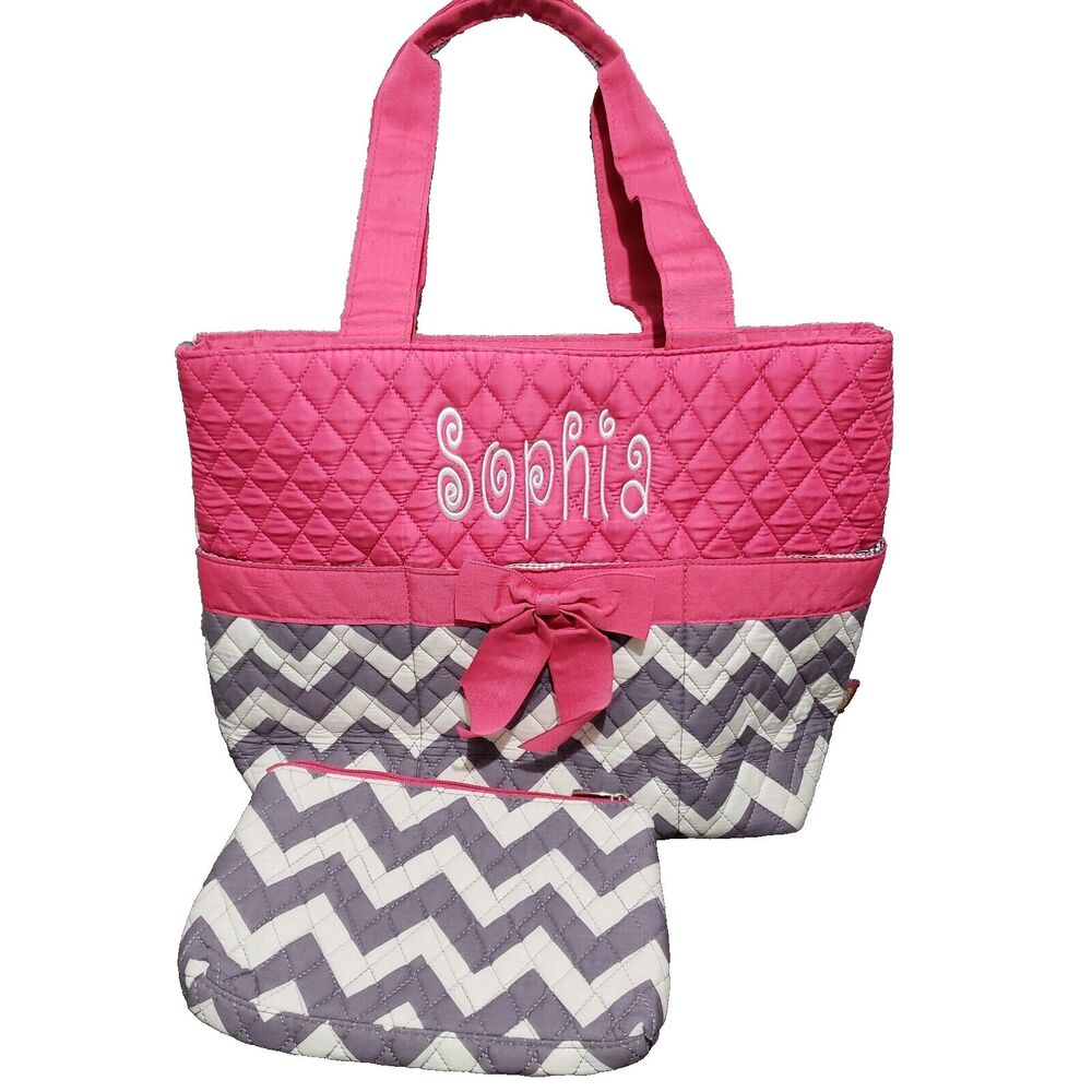 N. Gil Pink Gray & White Quilted "SOPHIA" Shoulder Diaper Bag  & Cosmetic Bag